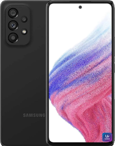 Samsung Galaxy A53 smartphone with Super AMOLED display, quad camera setup, and modern design